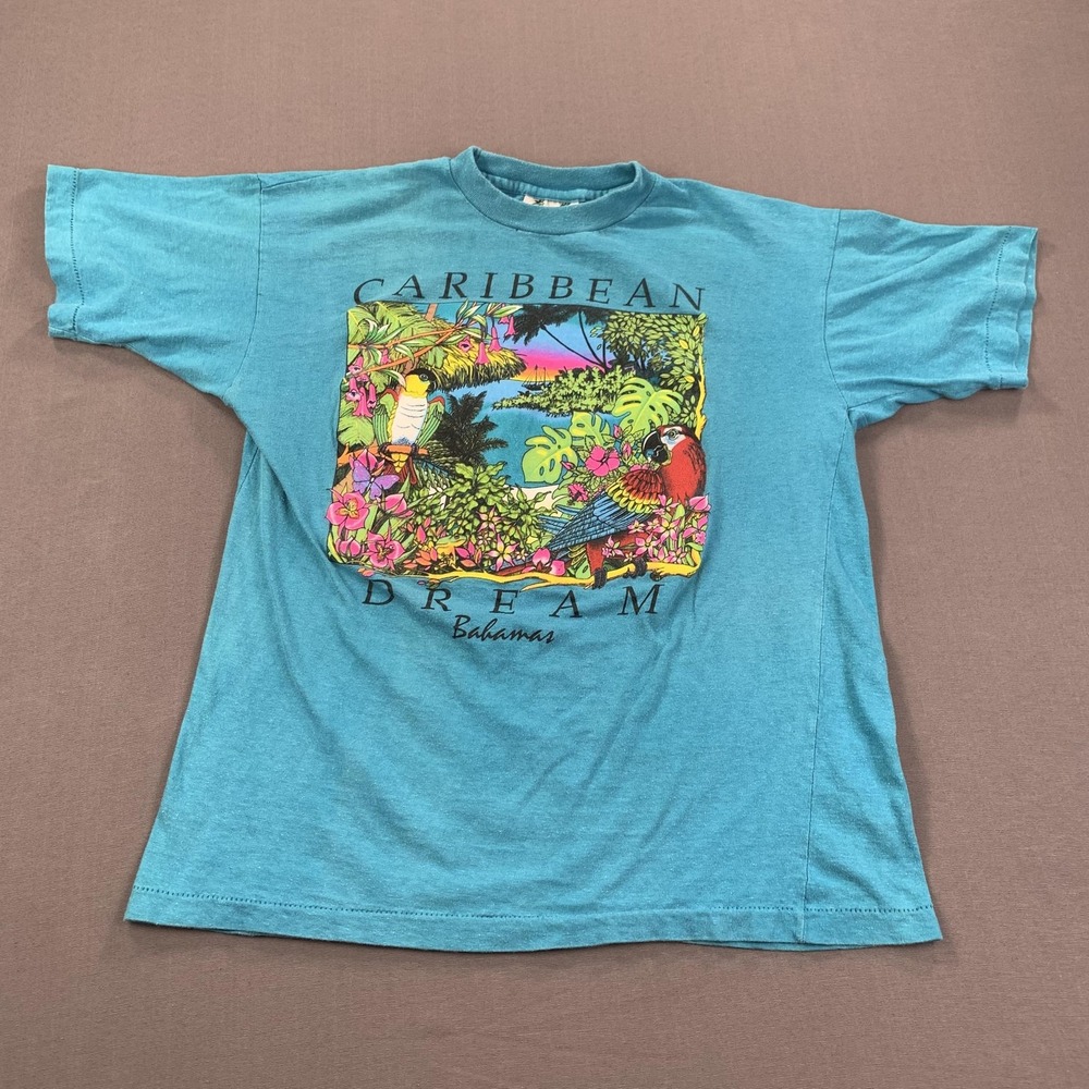 VTG Caribbean Dream Bahamas Shirt Men XL Teal Parrot Palm Tree Single Stitch 80s - Picture 2 of 9